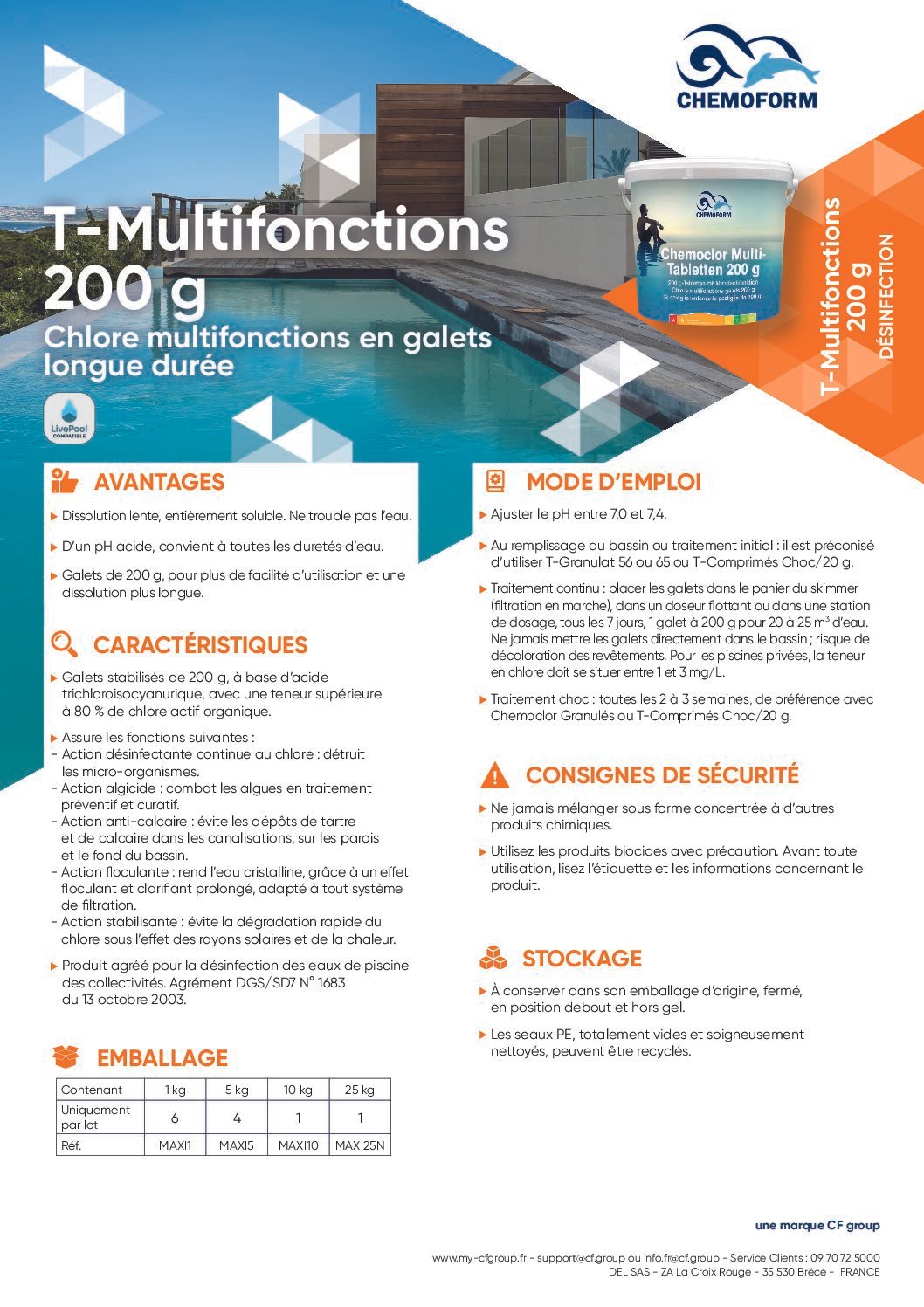 T-Multifonctions 200 g Chemoform Chlore lent multi-fonctions galet de 200 gr seau de 5 kg